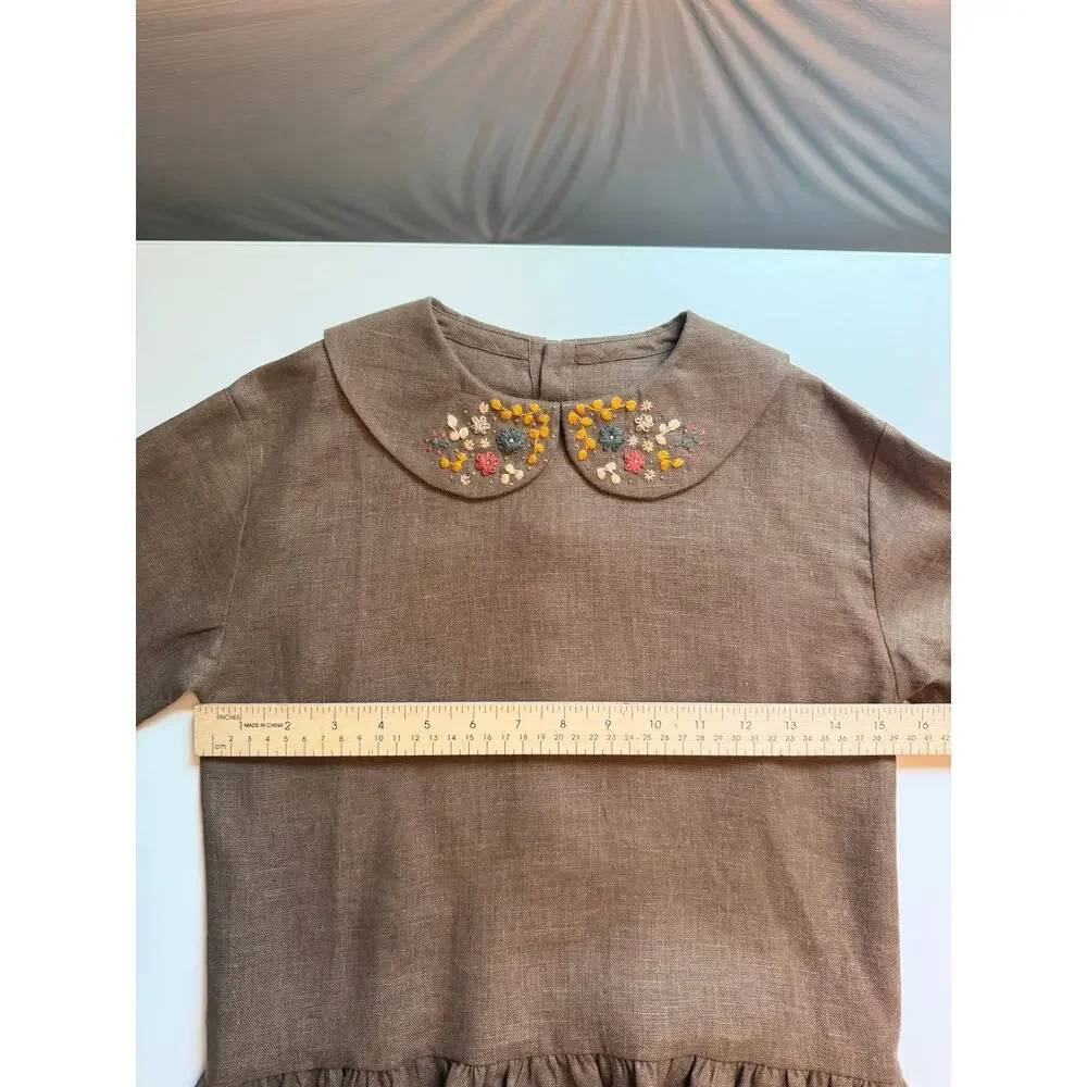 Hand Made 100% Linen Girls 7/8yo Boho Dress Embroidered Long Sleeve Cottagecore